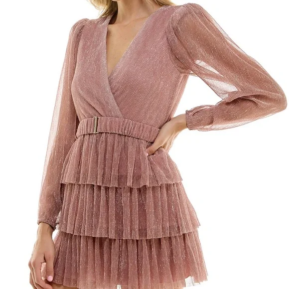 B Darlin Juniors’ Metallic V-Neck Belted Tiered Dress, Long Sleeve - Picture 3 of 4